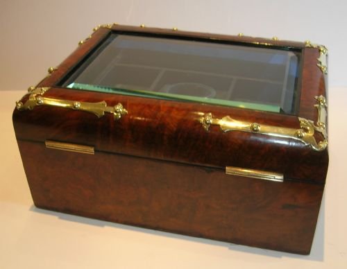 fig 1. Large Brass Mounted Burl Walnut Jewelry Box c.1860 - Glazed Lid