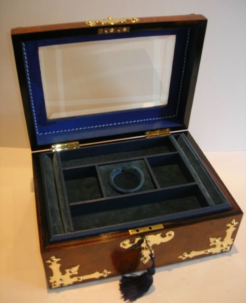 fig 2. Large Brass Mounted Burl Walnut Jewelry Box c.1860 - Glazed Lid