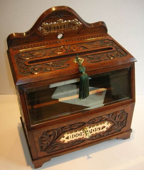 Rare Carved Oak Letter Box and Book Post Box C.1890 - Original Retailer's Plaque