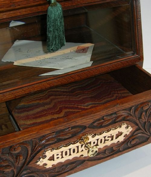 fig 1. Rare Carved Oak Letter Box and Book Post Box c.1890 - Original Retailer's Plaque