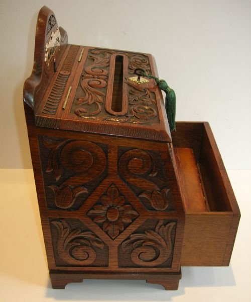 fig 2. Rare Carved Oak Letter Box and Book Post Box c.1890 - Original Retailer's Plaque