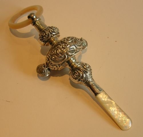 Fabulous Large English Sterling Silver & Mother of Pearl Baby's Rattle