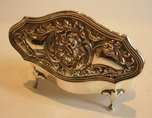 Stunning Sterling Silver Shaped Jewelry / Trinket Box - Embossed Floral Lid - 1908.