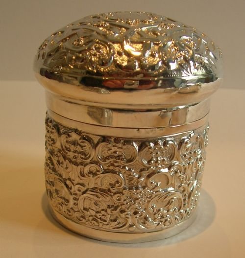 fig 1. Handsome Antique English Sterling Silver Cylindrical Dressing Table Box