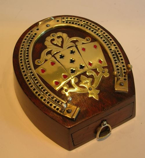 Antique English Oak & Brass Horse Shoe Shaped Cribbage Board / Playing Card Box C.1890