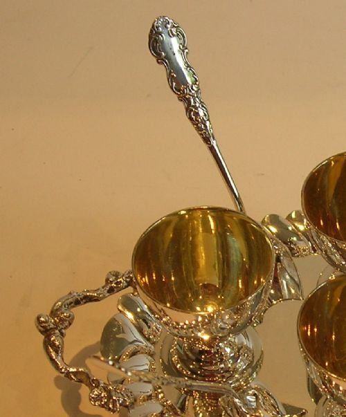 fig 1. Antique English Silver Plated Egg Cruet For Four With Spoons c.1900
