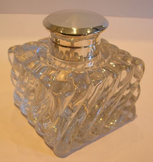 Huge Swirled Glass Inkwell - Sterling Silver Top - 1922