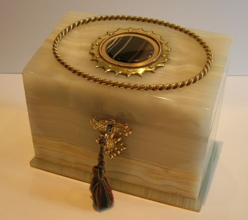 Antique English Alabaster Stationery Box - Brass, Bronze & Onyx Mounts, C.1860