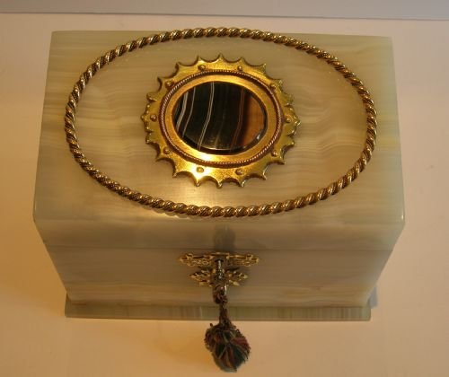 fig 1. Antique English Alabaster Stationery Box - Brass, Bronze & Onyx Mounts, c.1860