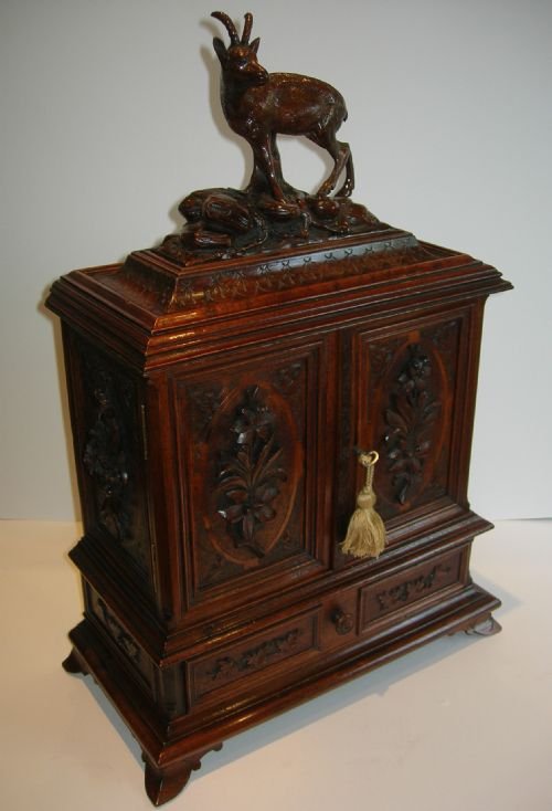 Exquisite Large Carved Black Forest Wooden Jewelry Box C.1880