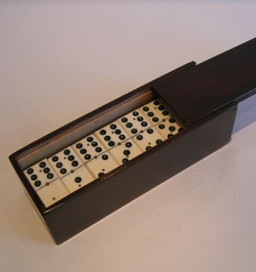 Antique English Boxed Set Bone & Ebony Wood Dominoes C.1890