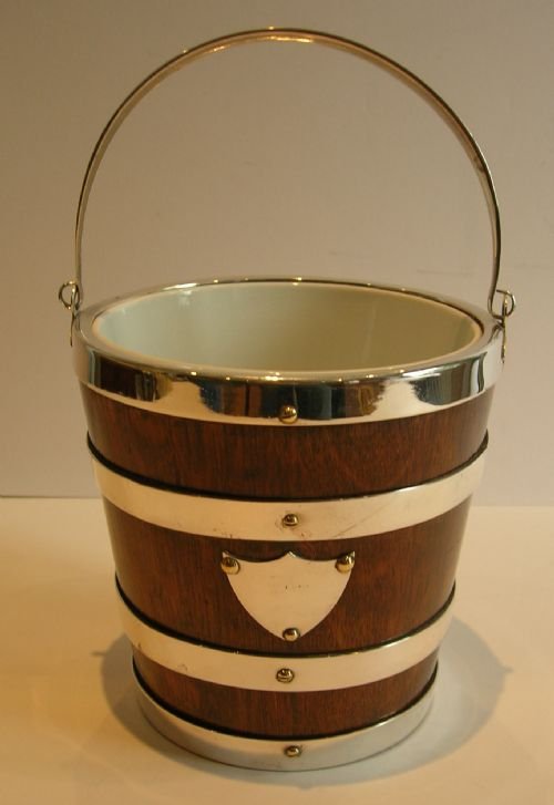 Rare Oak & Silver Plated Ice Bucket - Ceramic Creamware Liner C.1885