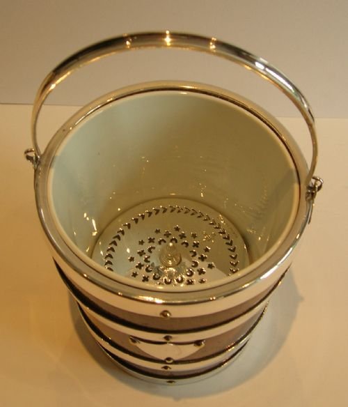 fig 1. Rare Oak & Silver Plated Ice Bucket - Ceramic Creamware Liner c.1885
