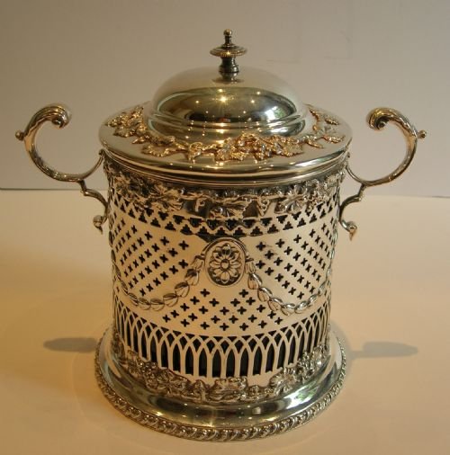 Fine English Silver Plated Biscuit Box - Original Bristol Blue Glass Liner C.1880