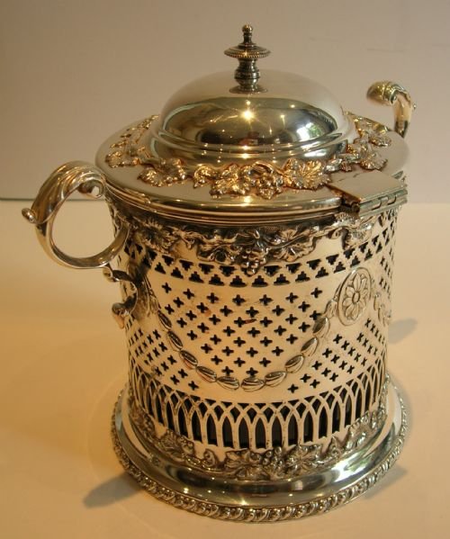 fig 1. Fine English Silver Plated Biscuit Box - Original Bristol Blue Glass Liner c.1880