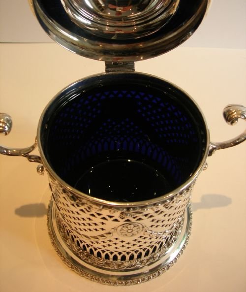 fig 2. Fine English Silver Plated Biscuit Box - Original Bristol Blue Glass Liner c.1880