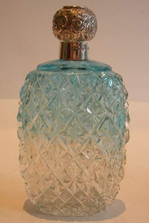 Stunning Antique English Cut Crystal & Sterling Silver Perfume Bottle / Flask
