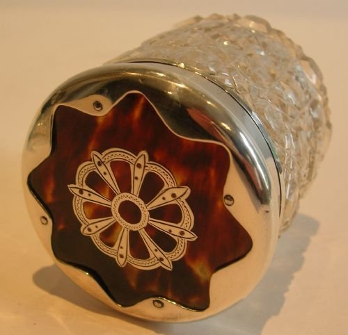 Unusual Antique English Vanity Jar - Sterling Silver & Tortoise Shell Lid - 1908