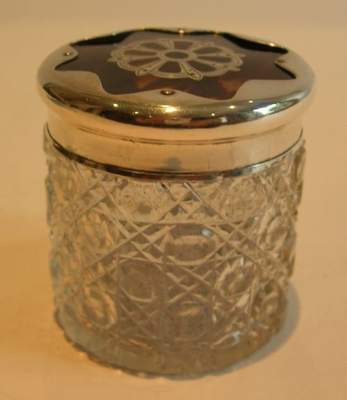fig 1. Unusual Antique English Vanity Jar - Sterling Silver & Tortoise Shell Lid - 1908