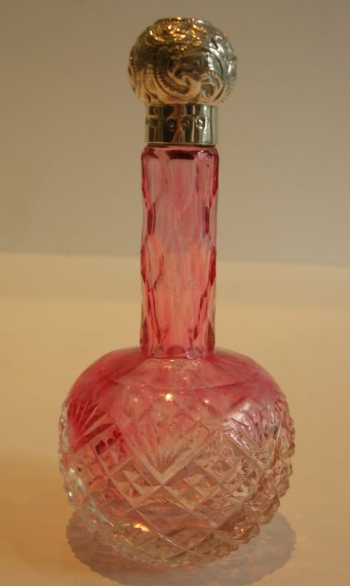 Victorian English Cranberry Glass & Sterling Silver Perfume Bottle - 1895