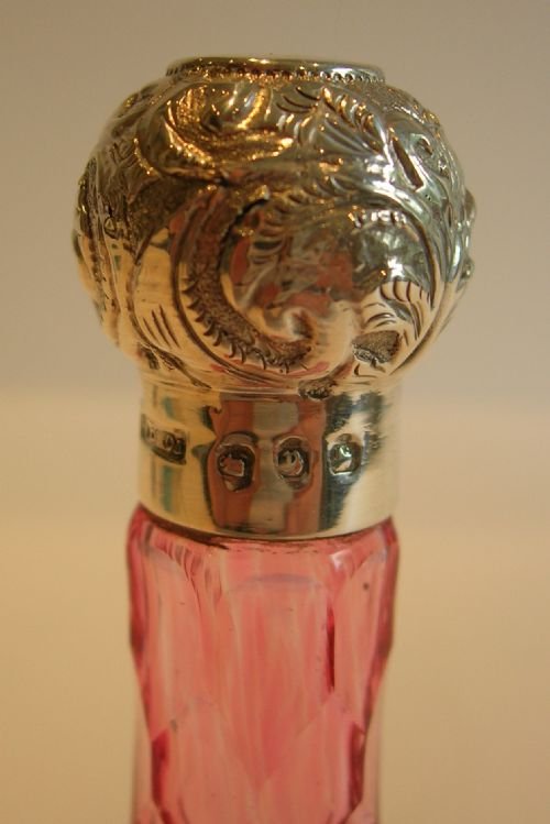 fig 1. Victorian English Cranberry Glass & Sterling Silver Perfume Bottle - 1895