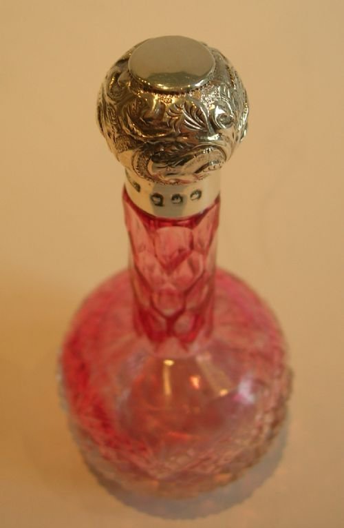 fig 2. Victorian English Cranberry Glass & Sterling Silver Perfume Bottle - 1895