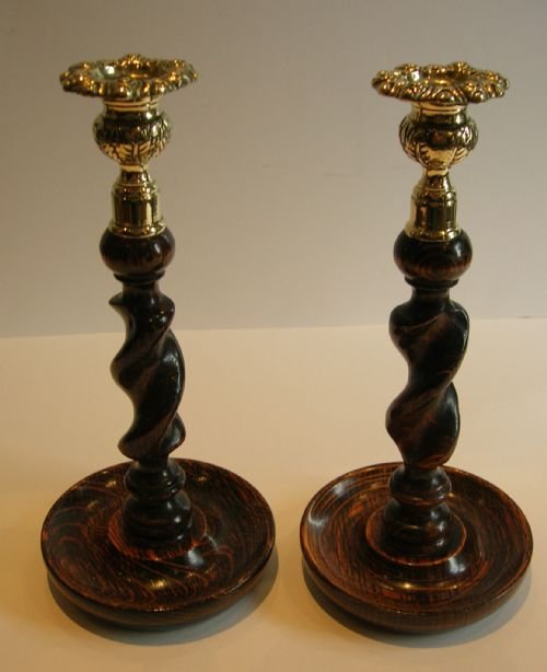 Handsome Pair Solid Oak Barley Twist Candlesticks - Brass Thistle Tops
