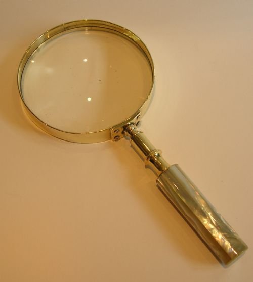 Huge Antique English Brass & Mother of Pearl Library Magnifying Glass
