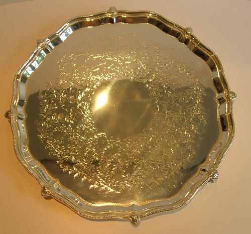 Large Antique English Silver Plated Salver - Fern Engraved C.1890