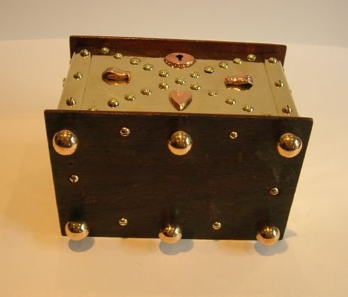 fig 3. Rare English Victorian Oak & Brass Trench Art Marriage Money Bank / Trunk