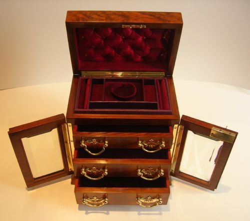 Antique English Walnut Jewelry Box - Bevelled Glass Doors