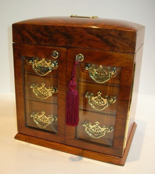 fig 1. Antique English Walnut Jewelry Box - Bevelled Glass Doors