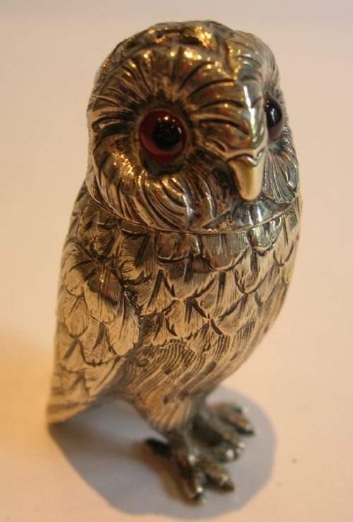 Charming Antique English Brass Figural Sander / Pounce - Owl - Glass Eyes