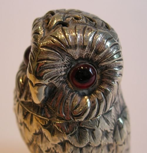fig 1. Charming Antique English Brass Figural Sander / Pounce - Owl - Glass Eyes