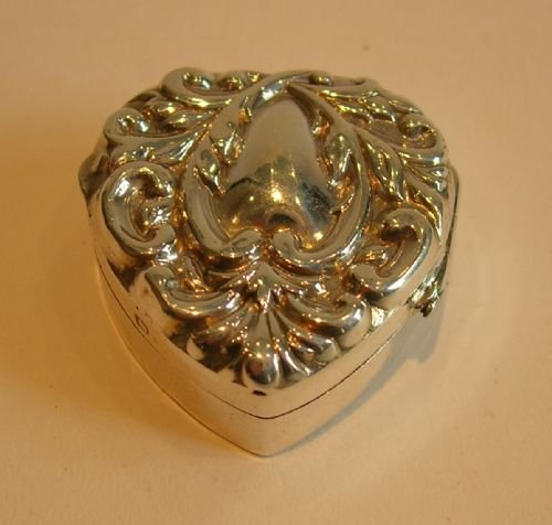 Tiny Antique English Sterling Silver Pill Box - Heart - 1899