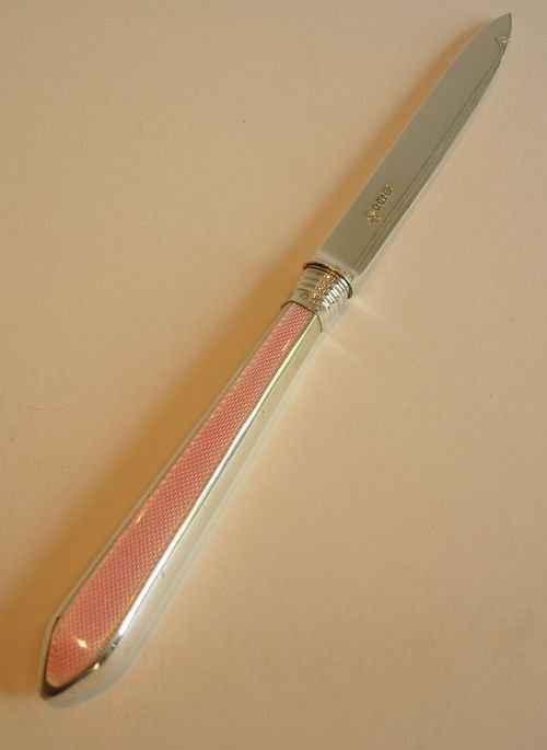 Antique English Sterling Silver & Pink Guilloche Enamel Letter Opener