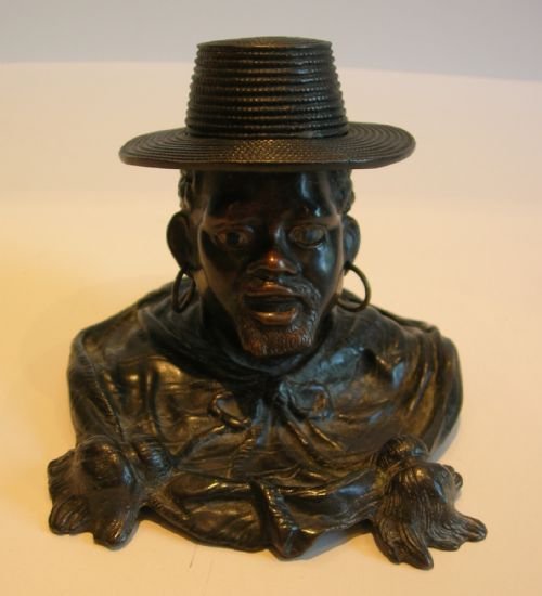 Antique English Bronze Figural Blackamoor Inkwell - Reg. 1882