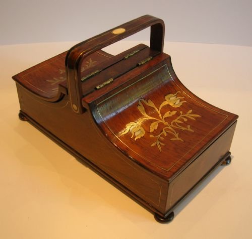 Unusual Regency Rosewood Sewing Box / Basket - Brass & Ivory Inlaid C.1820