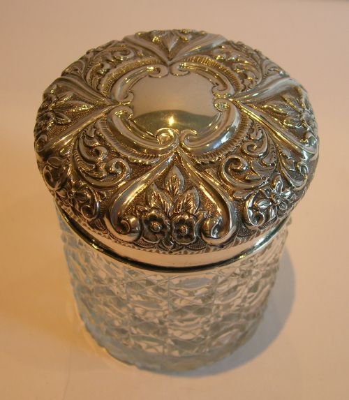 Large Antique English Cut Glass & Sterling Silver Vanity Jar - 1896
