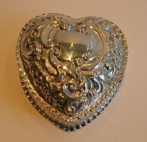 Large Antique English Sterling Silver Heart Shaped Box - 1895