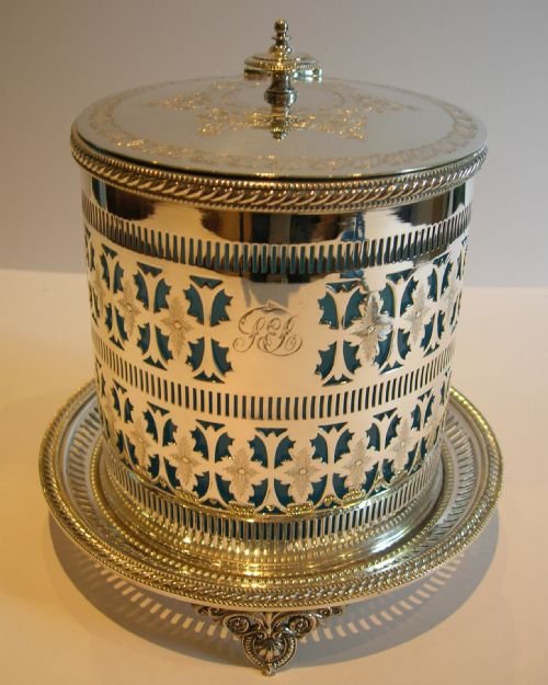 Rare Antique English Opaline Blue Glass Lined Biscuit Box in Silver Plate C.1890