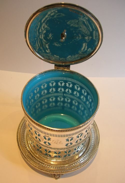 fig 1. Rare Antique English Opaline Blue Glass Lined Biscuit Box in Silver Plate c.1890
