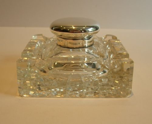 Large English Cut Crystal & Sterling Silver Inkwell - 1927