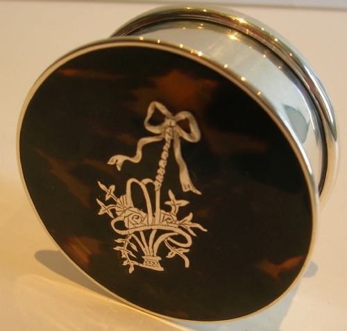English Sterling Silver Box - Tortoise Shell Lid - Pretty Silver Pique Inlay