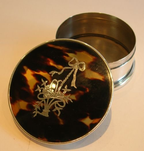 fig 1. English Sterling Silver Box - Tortoise Shell Lid - Pretty Silver Pique Inlay
