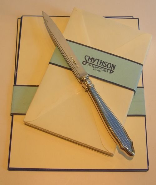 Antique English Sterling Silver & Blue Guilloche Enamel Letter Opener