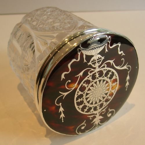 Stunning Tortoise Shell & Silver Pique Lidded Vanity Jar.