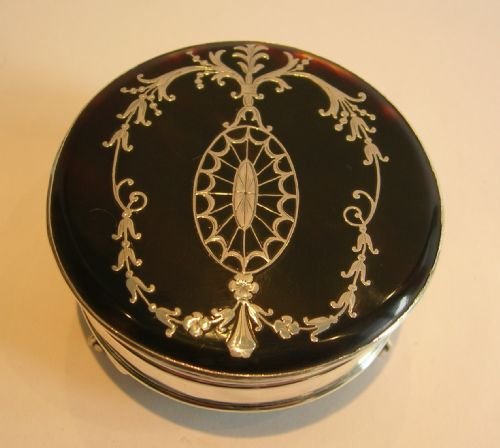 Stunning Silver Trinket / Jewelry Box - Tortoise Shell Lid with Silver Pique Inlay