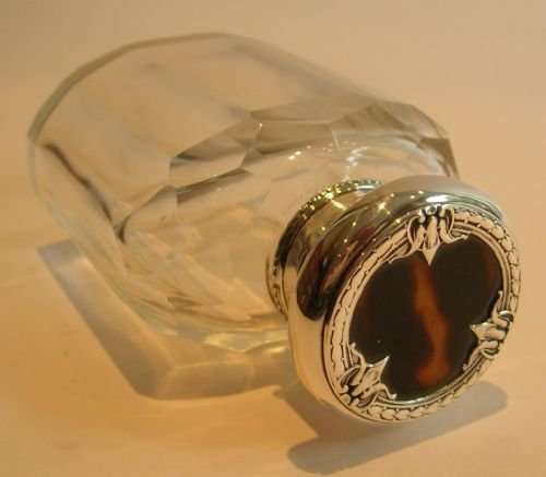 Antique English Perfume or Cologne Bottle - Sterling Silver & Tortoise Shell Top