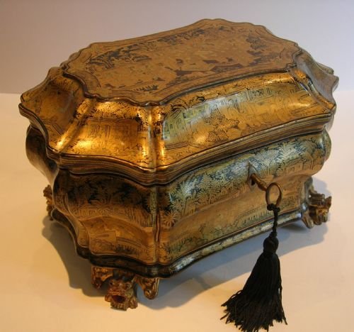 Rare & Pristine; Chinoiserie Lacquered Tea Caddy C.1820 with Paktong Cannisters